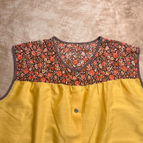 Vintage 60s Handmade Pinafore Apron Top Smock Tunic Floral Yellow Sleeveless - Picture 3 of 8
